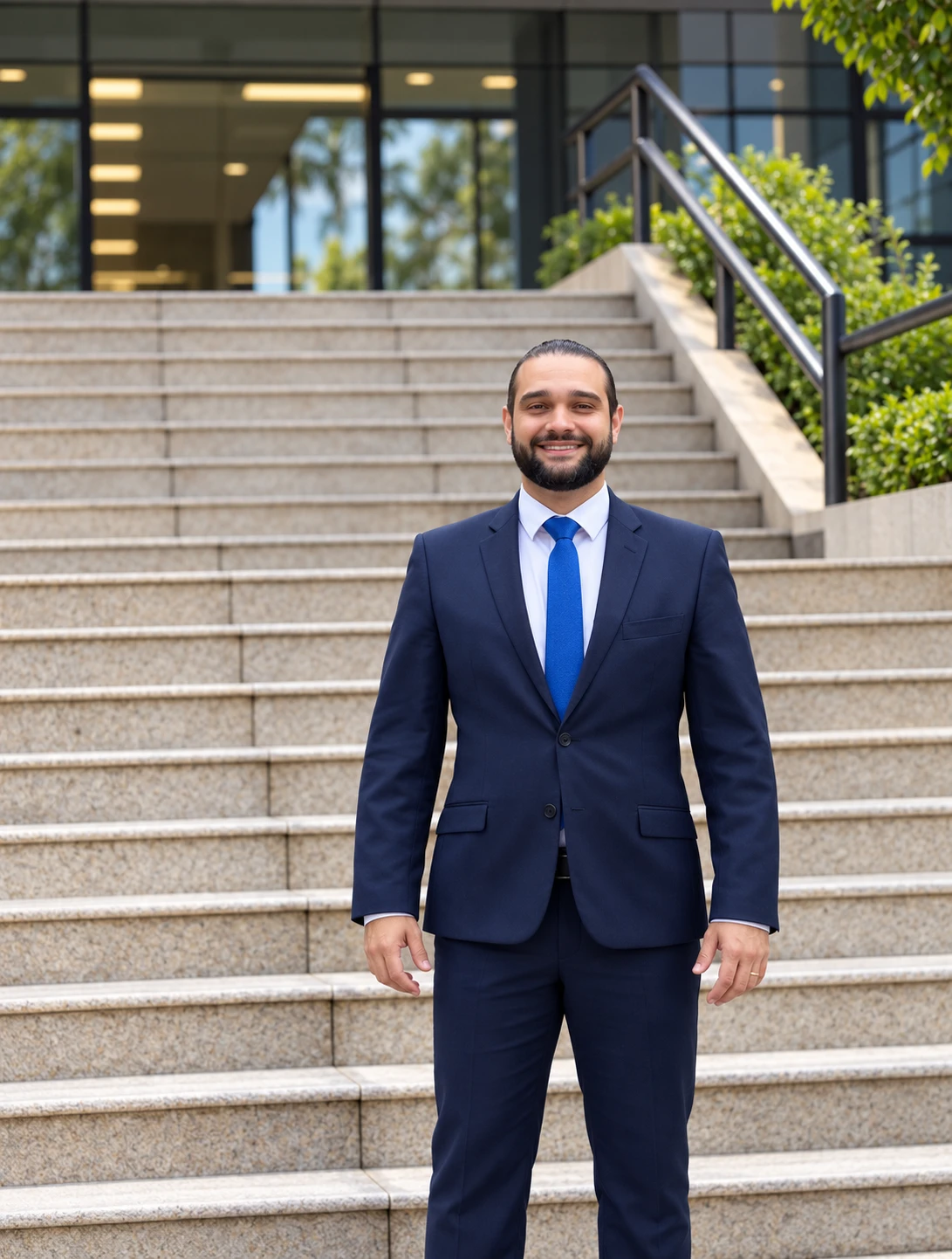 Douglas Lacerda em frente à escadaria de um edifício corporativo